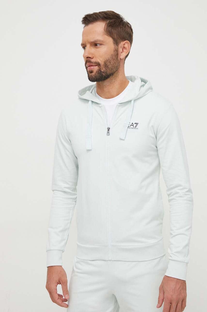 Бавовняна кофта EA7 Emporio Armani чоловіча колір бірюзовий з капюшоном однотонна
Бавовняна кофта EA7 Emporio Armani чоловіча колір бірюзовий з капюшоном однотонна