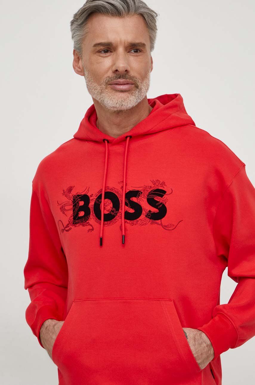 

Хлопковая кофта BOSS мужская цвет красный с капюшоном с аппликацией