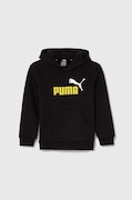Detská mikina Puma čierna farba, s kapucňou, s potlačou