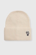 Čiapka s prímesou vlny Karl Lagerfeld béžová farba, z hrubej pleteniny