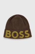 Čiapka s prímesou vlny BOSS zelená farba, z tenkej pleteniny