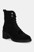 Σουέτ μπότες Tommy Hilfiger SUEDE MID HEEL LACEUP LOGOTAPE γυναικείες, χρώμα: μαύρο, FW0FW08090
