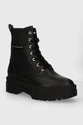 Členkové topánky Tommy Hilfiger LEATHER ELASTIC RIB LACEUP dámske, čierna farba, na plochom podpätku, FW0FW08440