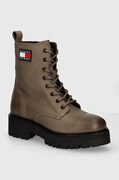 Kožené workery Tommy Jeans TJW URBAN LACE UP BOOT dámske, béžová farba, na plochom podpätku, EN0EN02628