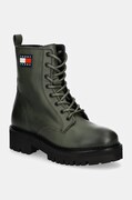Kožené workery Tommy Jeans TJW URBAN LACE UP BOOT dámske, zelená farba, na plochom podpätku, EN0EN02628