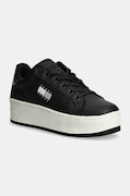 Kožené tenisky Tommy Jeans TJW FLATFORM SNEAKER METALLIC čierna farba, EN0EN02711