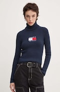 Sveter s prímesou vlny Tommy Jeans dámsky, tmavomodrá farba, s rolákom, DW0DW18678