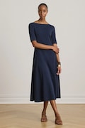 Lauren Ralph Lauren sukienka rozkloszowana z bawełną granatowa gładka 200973599