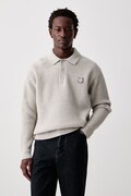 Maison Kitsuné Fox Head Wool Ribbed Polo sweter wełniany męski szary PM00213KT1149