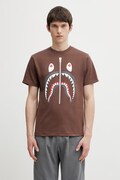 Bavlněné tričko A Bathing Ape Shark pánské, hnědá barva, s potiskem, 001TEL801003M