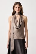 Guess bluzka damska z dodatkiem jedwabiu x LEONIE HANNE beżowa gładka W6BH70 W5206