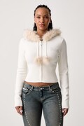 Juicy Couture pulover z zadrgo ženski z viskozo KNIT JUICY DIAMANTE WITH FUR TRIM bež JCWAS226309