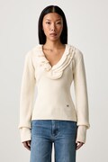 GANNI Ribbed Frill sweter z wełną merino damski beżowy A1040528