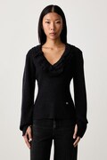 GANNI Ribbed Frill sweter z wełną merino damski szary A1040528