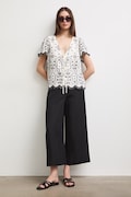 Kalhoty culottes dámské s příměsí lnu hladké Černé RS26-SPD901