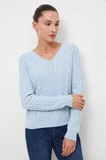 Sweter z wełny merino damski z warkoczowym splotem kolor niebieski RW25-SWD813