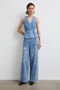 Jeansy wide leg damskie z haftami niebieskie RW26-SJD313