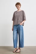 T-shirt damski bawełniany w paski brązowy RW26-TSD205