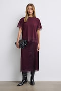 T-shirt damski bawełniany z elastanem z koronką bordowy RW26-TSD507