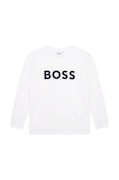 Дитячий бавовняний лонгслів BOSS колір білий з принтом