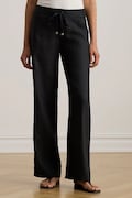 Ľanové nohavice Lauren Ralph Lauren čierna farba, široké, stredne vysoký pás