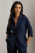 Lauren Ralph Lauren srajca ženska lanena mornarsko modra enobarvna 200782777