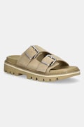 Semišové pantofle Tommy Jeans DOUBLE STRAP SANDAL SUEDE dámské, béžová barva, na platformě, EN0EN02797