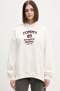 Tommy Jeans bluza bawełniana damska kolor beżowy z kapturem z nadrukiem DW0DW22603