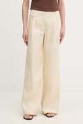 Bardot spodnie lniane damskie kolor beżowy szerokie high waist 60311PB