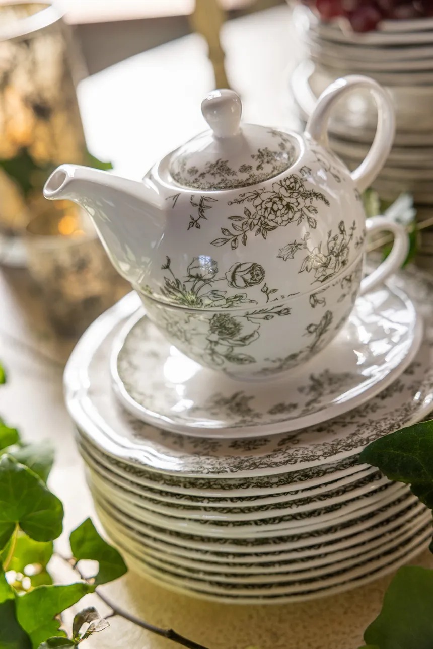 J-Line Набор для чая на одного TEA FOR ONE, фарфор, зелёный цветочный узор — фото 4