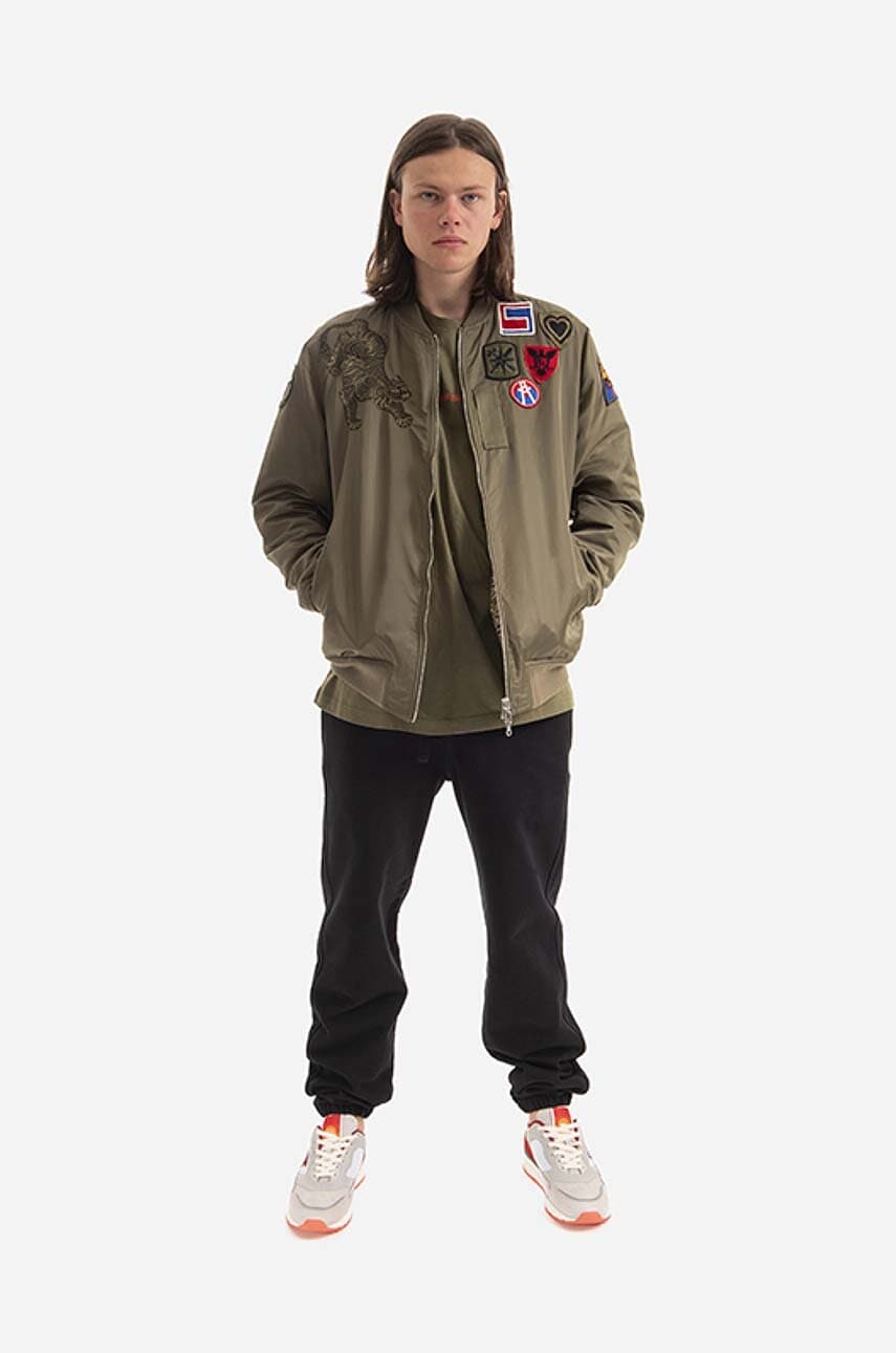 Maharishi wool quilted paneled sales green long bomber style coat