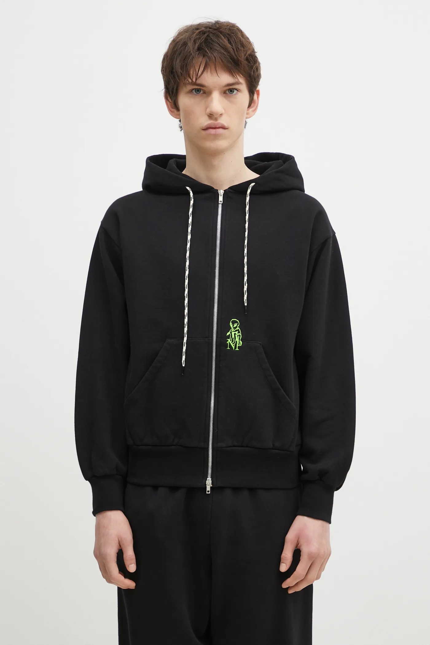 【COOR】Minimal Cotton Hooded Zip Jumper Black No Problemo cotton sweatshirt Mini Alien Zip Through Hoodie