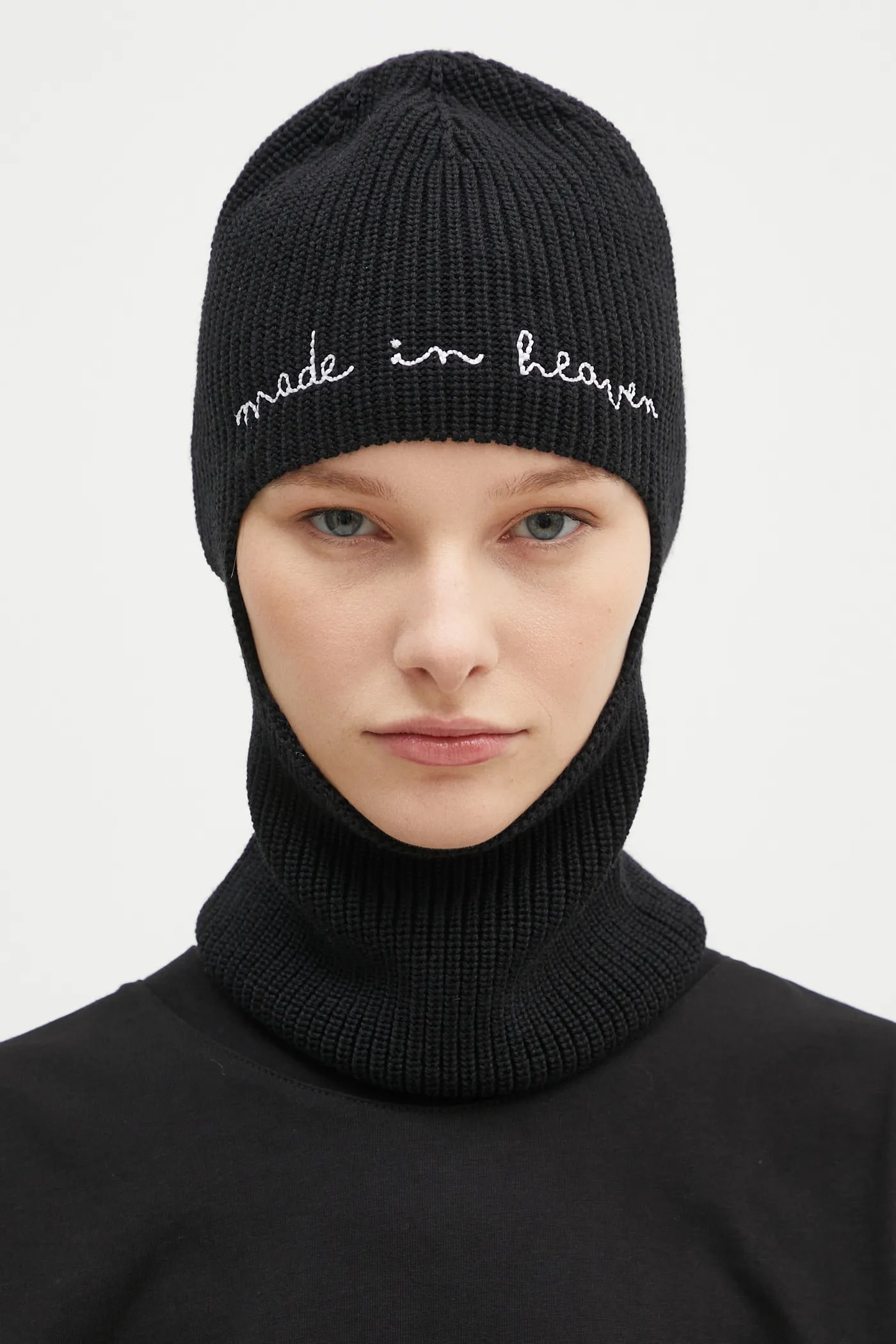 Black Balaclava Face mask - Wool Rib Knit Balaclava - Ski