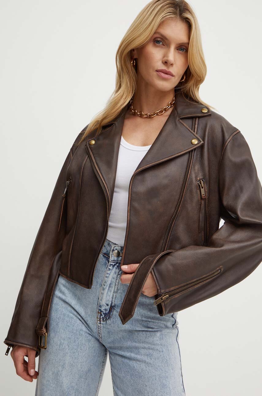 Weekend Max Mara ramoneska skórzana damska kolor brązowy