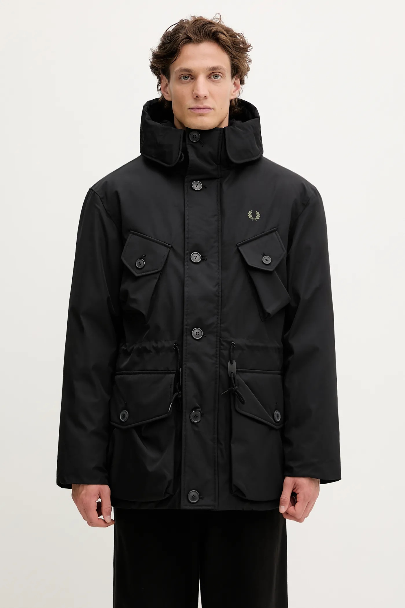 FRED PERRY ブラック アウター Fred Perry Padded Zip Through Parka Black at CareOfCarl.com