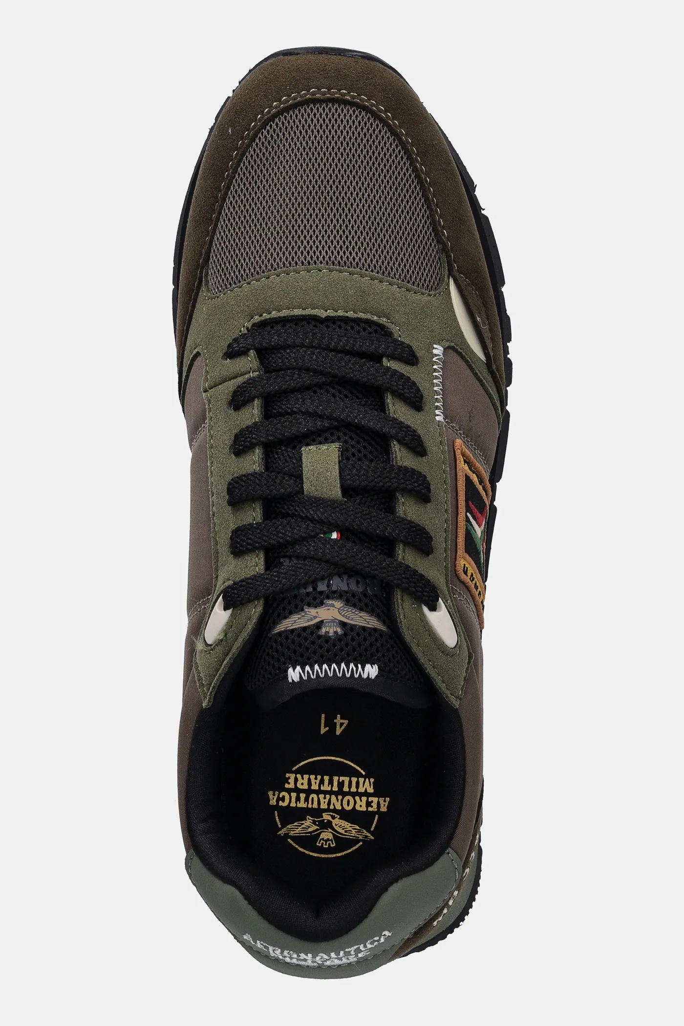 Sneakers Italiennes Baskets Aeronautica Militare Homme - Ecosuede/Nylon Noir Et Vert Militaire - Semelle Running - Réf. U25AR01 Chaussures Running Militaire