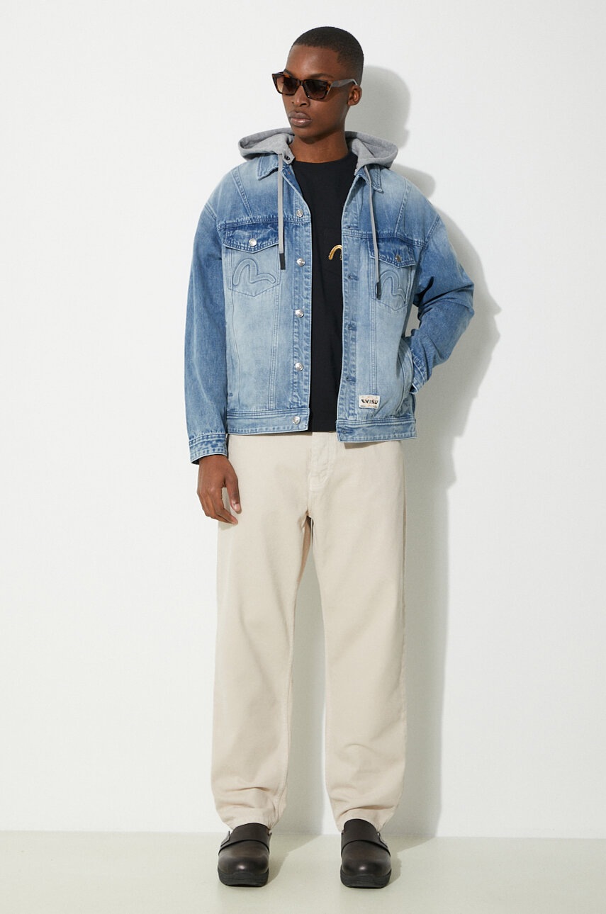 KUHO☆Breeze Tweed Denimジャケット-Lighy Grey Seagull and The Great Wave Embroidery Regular Fit Denim