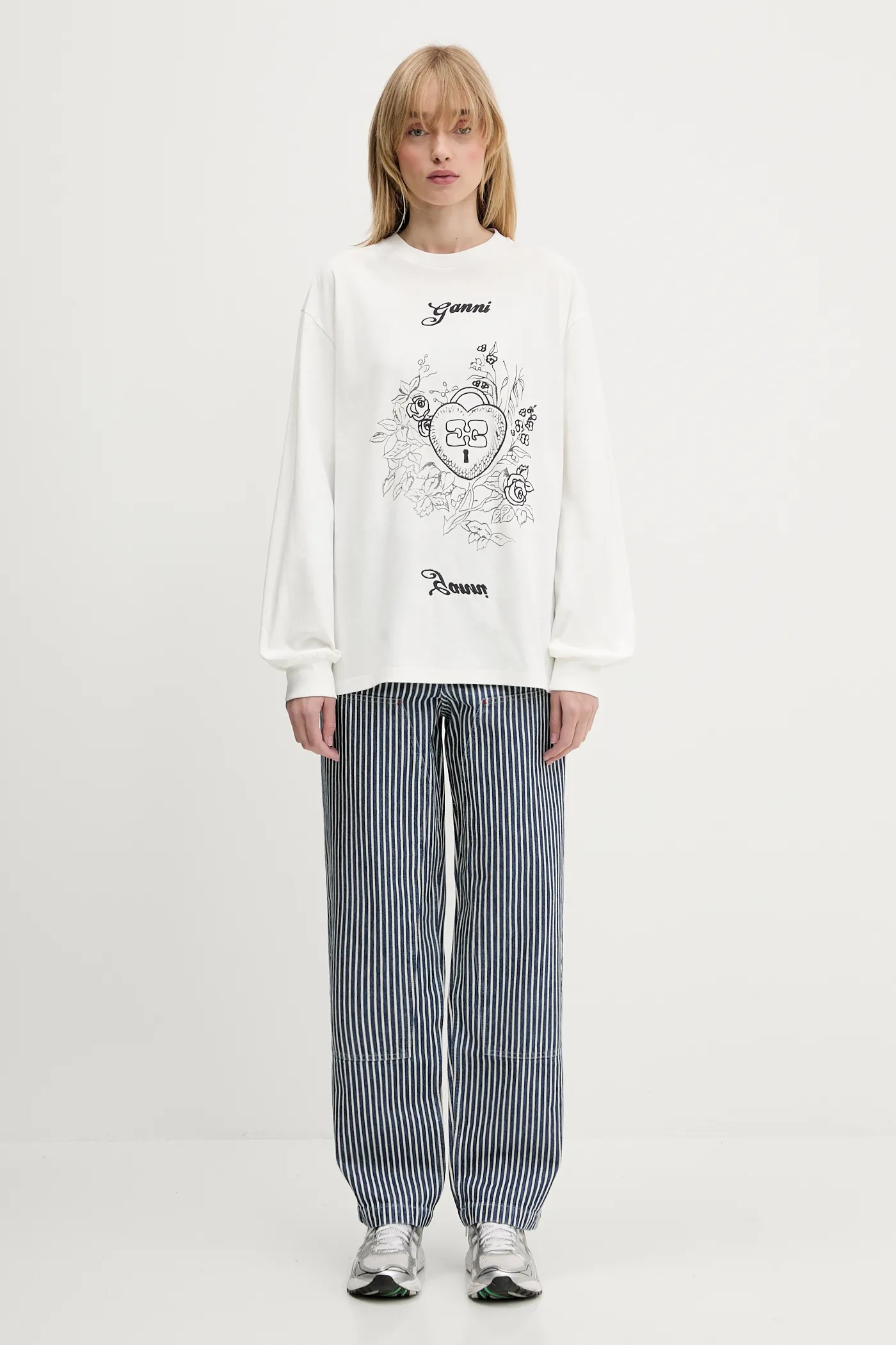GANNI cotton longsleeve top Re-cut Heavy Jersey Charm white