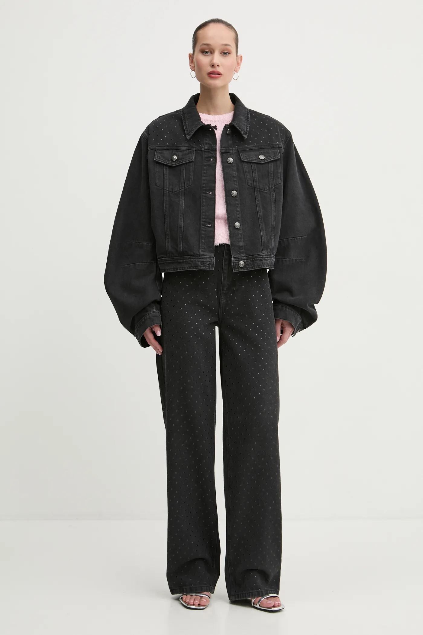 [ JEANS] Smoke Jersey Crop Top ★大人気★ Rotate kurtka jeansowa damska kolor szary przejściowa