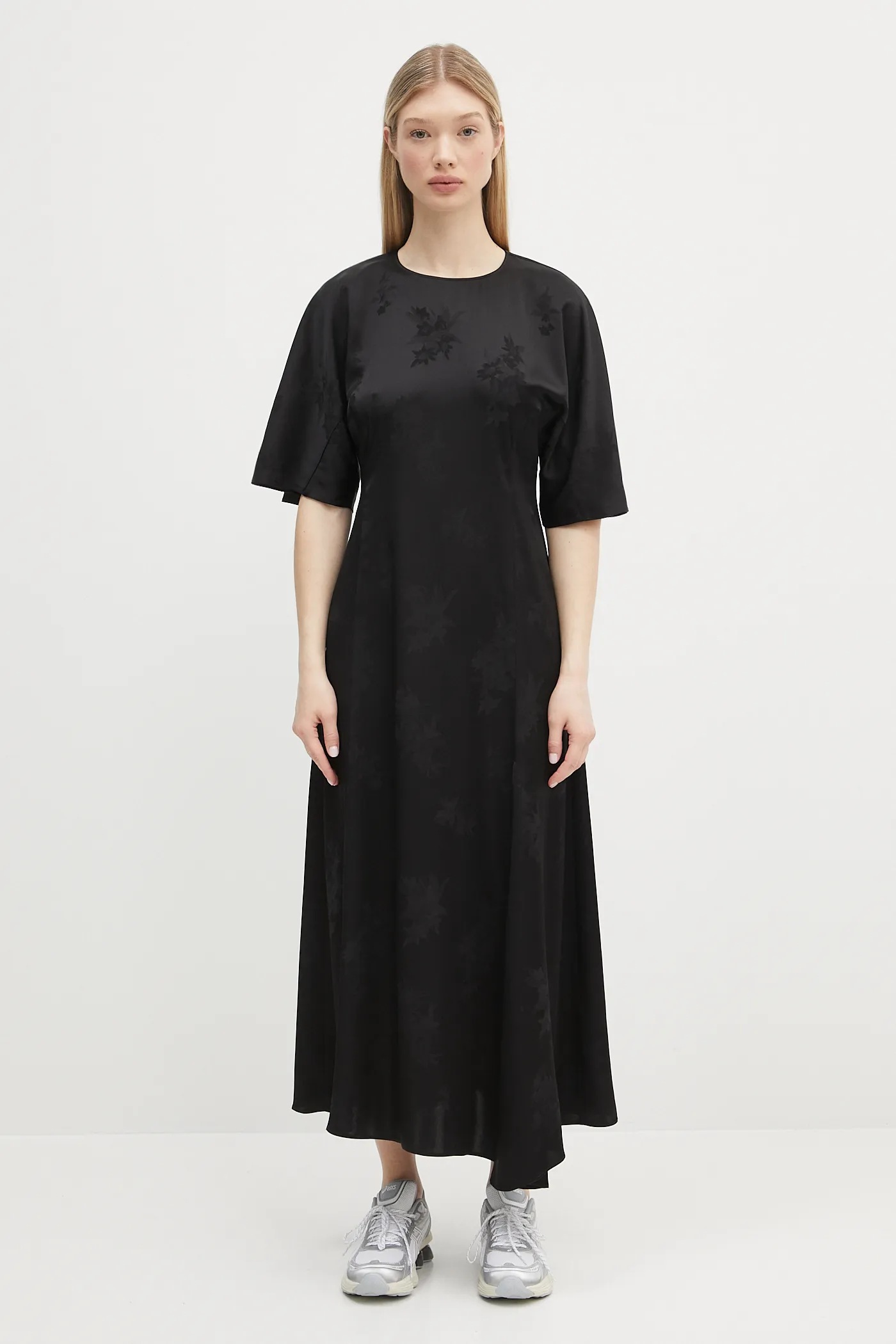 GANNI dress Fluid Satin Jacquard Slit Long black color W0255