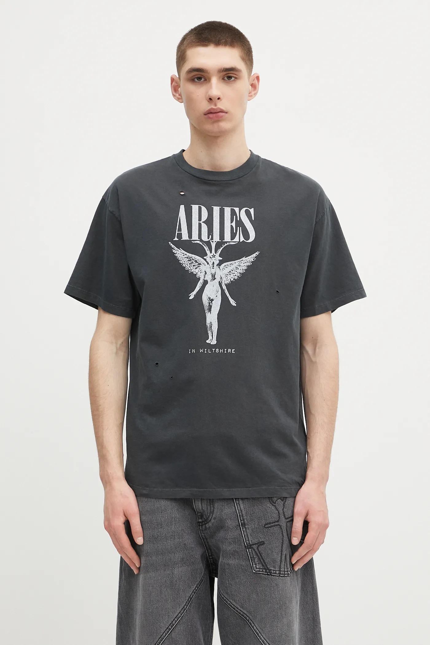 Aries cotton t-shirt Destroyed Nirvana SS Tee gray color