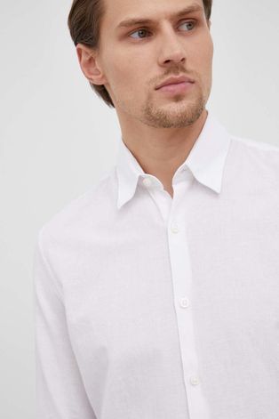 Košulja s dodatkom lana Selected Homme za muškarce, boja: bijela, slim, s klasičnim ovratnikom