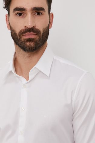 Calvin Klein Koszula bawełniana męska kolor biały slim z kołnierzykiem klasycznym