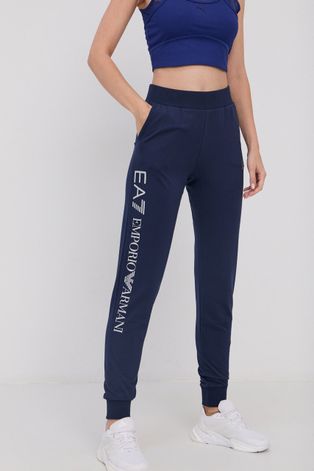 Kalhoty EA7 Emporio Armani dámské, tmavomodrá barva, hladké