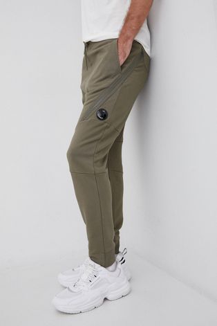Bavlněné kalhoty C.P. Company pánské, zelená barva, hladké