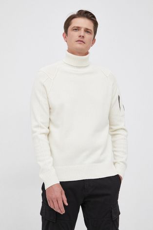 C.P. Company gyapjú pulóver férfi, krémszínű, garbónyakú