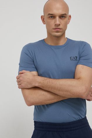 Bavlněné tričko EA7 Emporio Armani modrá barva, s potiskem