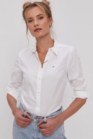Tommy Jeans Koszula bawełniana damska kolor biały slim z kołnierzykiem klasycznym