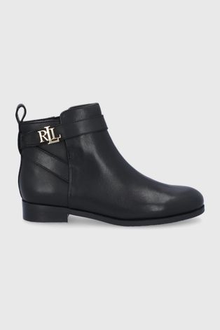 Kožené kotníkové boty Lauren Ralph Lauren dámské, černá barva, na plochém podpatku