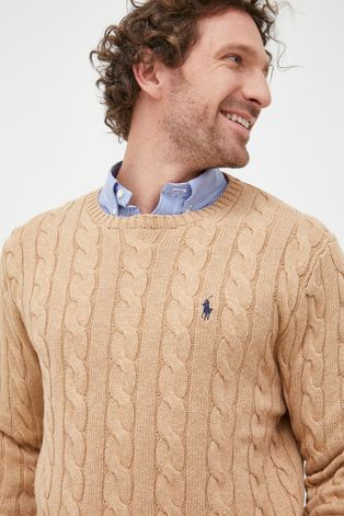 Памучен пуловер Polo Ralph Lauren мъжки в бежово от лека материя